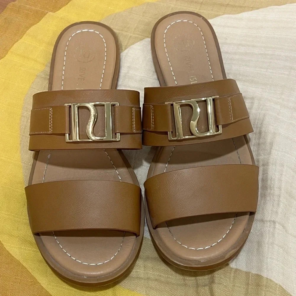ASOS sandals River Island Double Strap Sliders slides flats brown nude gold - Picture 3 of 6